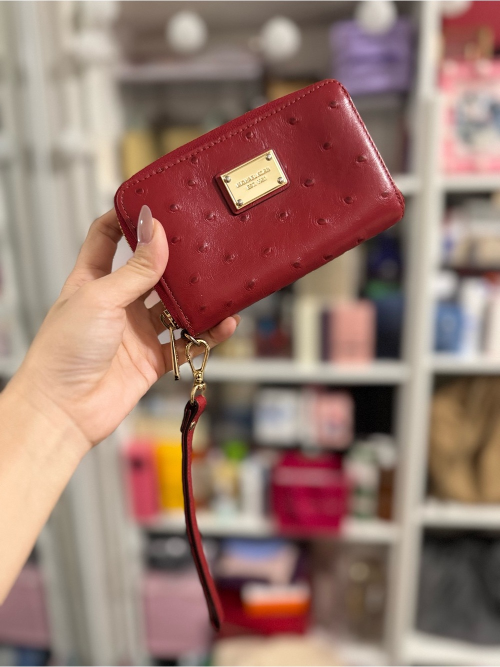 Michael Kors Red Ostrich-Embossed Leather Wristlet with Gold Plate
